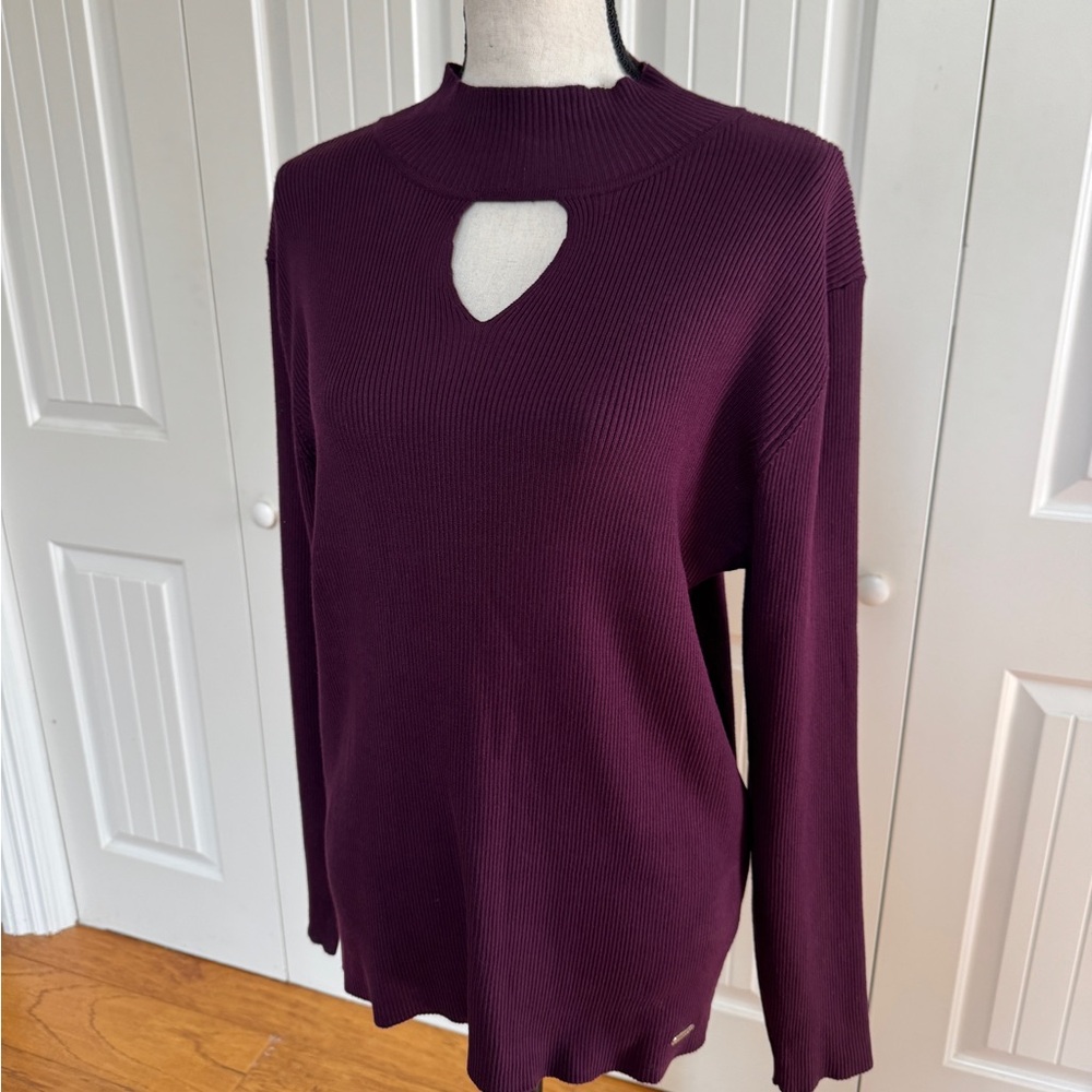 🌟NWT Calvin Klein Dark Purple Ribbed Mock Neck Keyhole Sweater XL - Picture 11 of 15